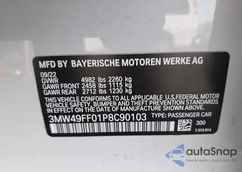 2023 BMW 3 Series M340I xDrive z USA, uszkodzony, nr VIN 3MW49FF01P8C90103